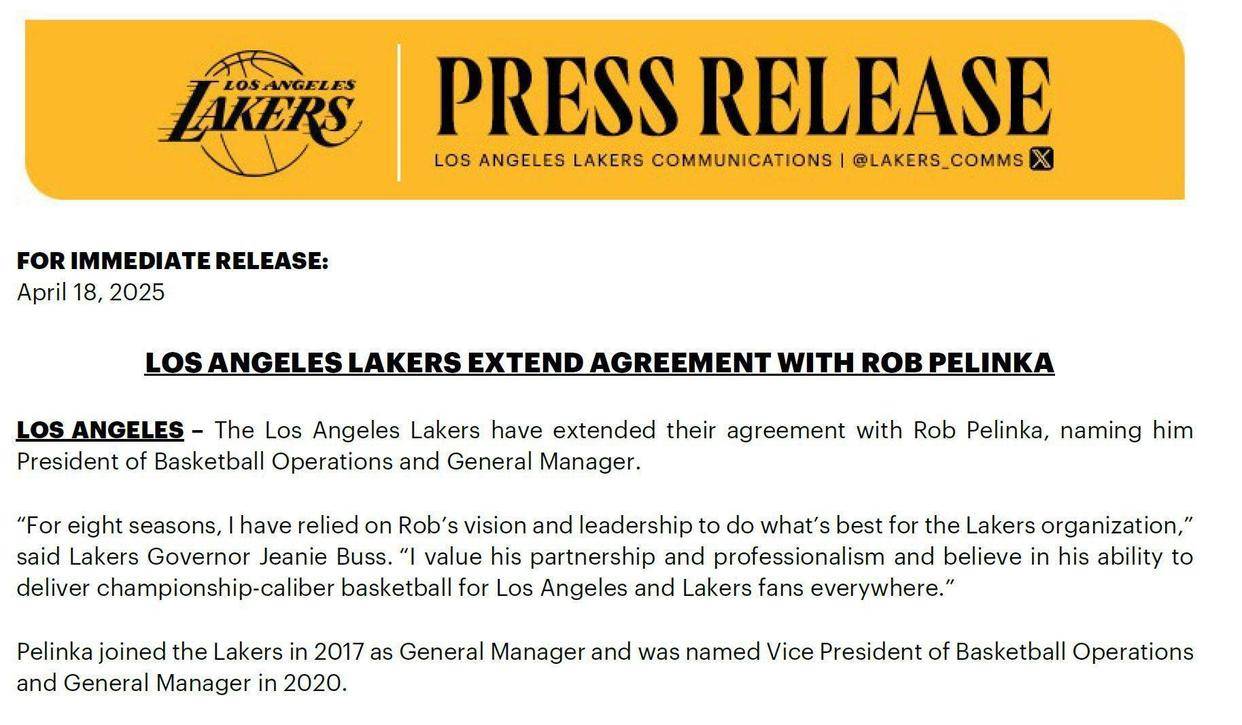 九游体育:湖人队管理层变动：佩林卡去留成疑